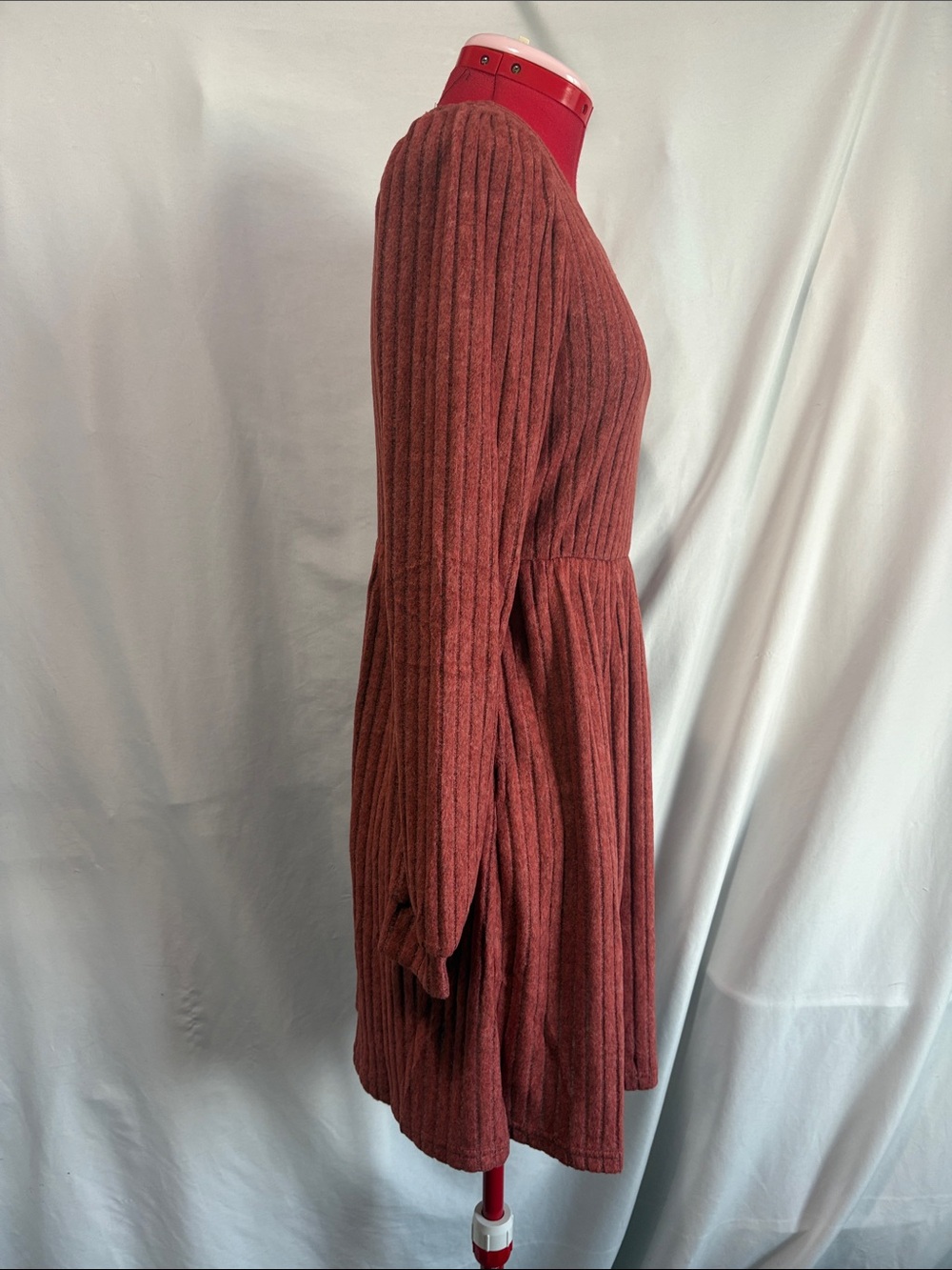 Long Sleeve Ribbed Knit Dress - Rust Red - Picture 2 of 6
